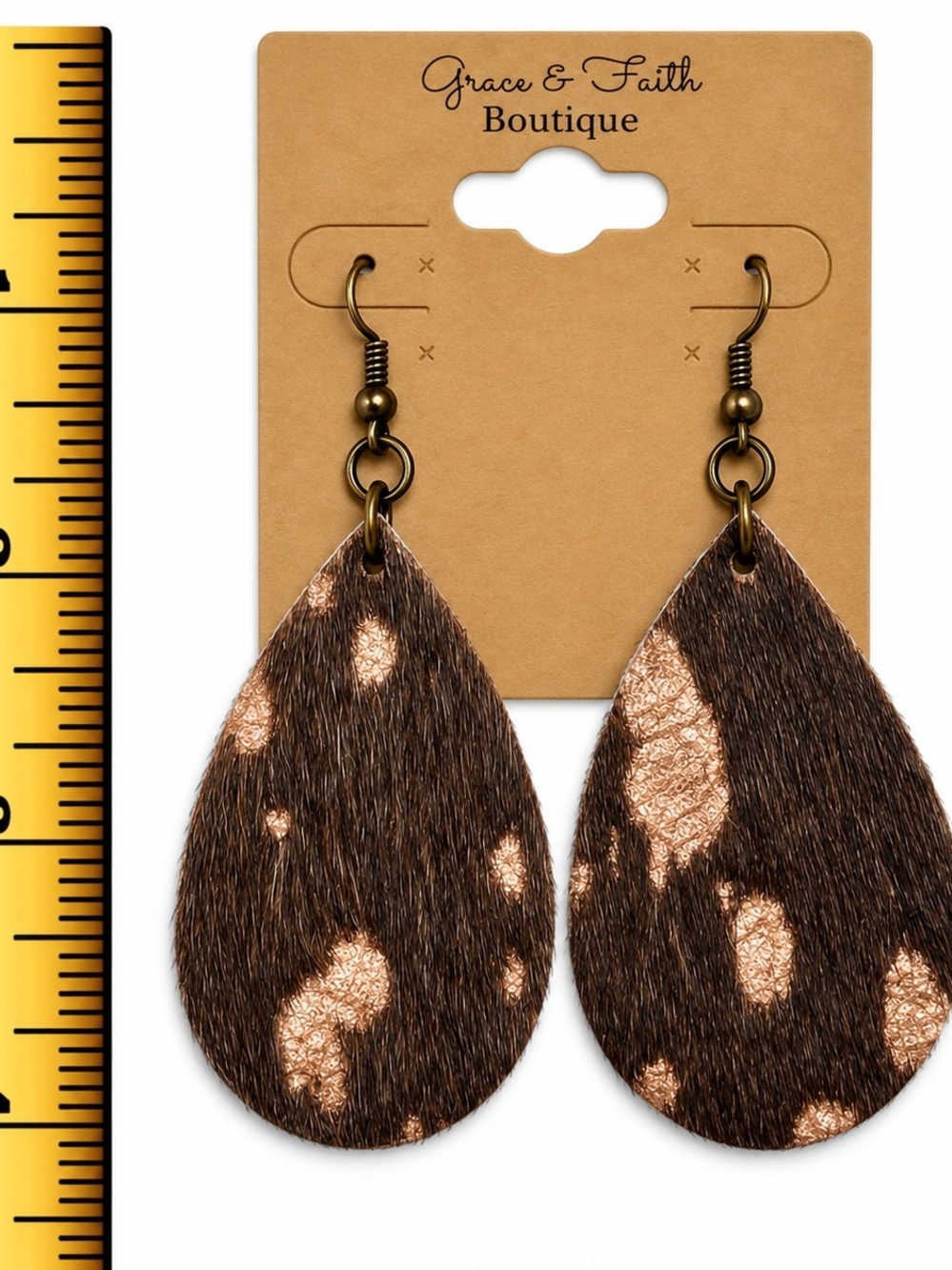 Brown Teardrop Leather Earrings With Copper Accents